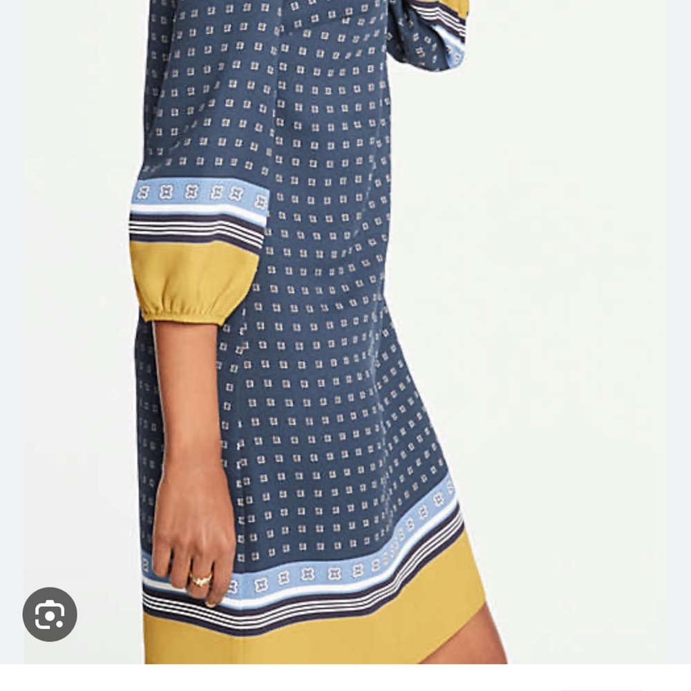 NWT ANN TAYLOR Shift dress with Bishop sleeves, blue geometric detail SIZE 16, - Picture 2 of 8